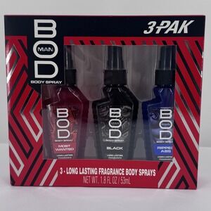 BOD Man Black Most Wanted Ripped Abs Body Sprays 3 PAK Gift Set